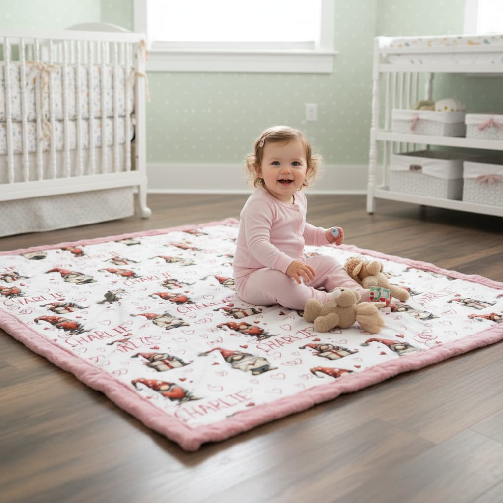 Child playing on a quilt in a nursery with a crib and changing table in the background.