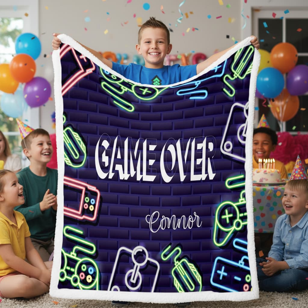 Child holding a 'Game Over' blanket with neon graphics at a birthday party.