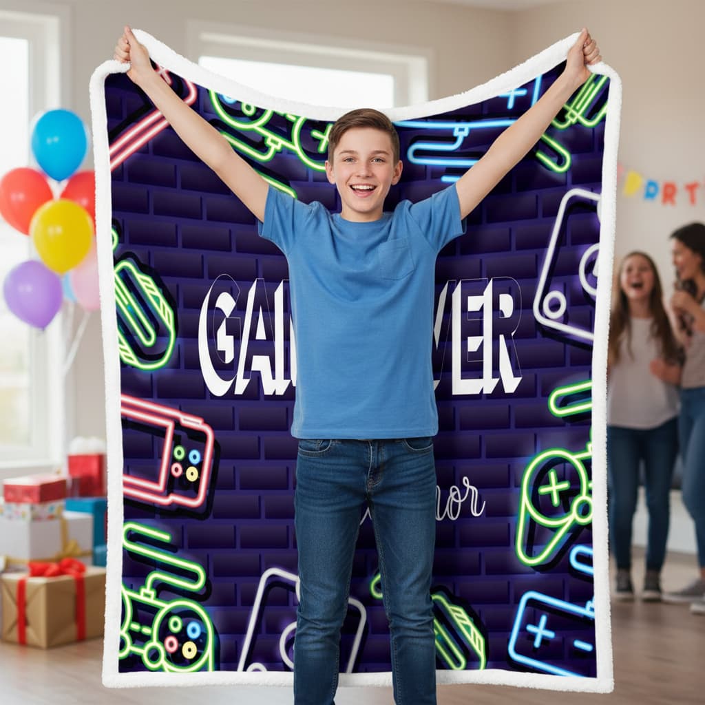 Person holding a blanket with a 'Gamer' design in a room with balloons and people in the background.
