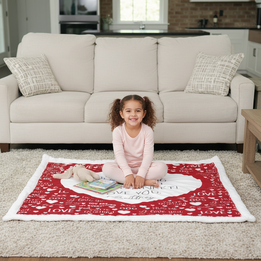 A young girl with curly brown hair sits cross-legged on a red and white 'I LOVE YOU' blanket on a beige rug in front of a cream-colored sofa.