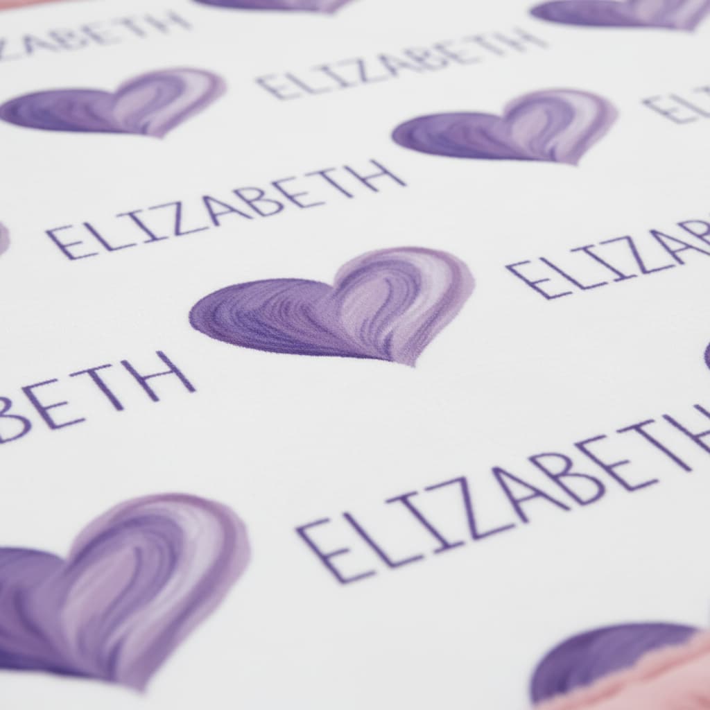 Stickers with 'ELIZABETH' and heart designs on a white background