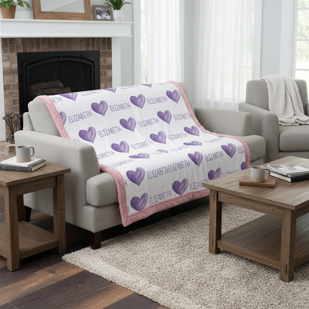 Sofa with a personalized blanket featuring purple hearts and names in a living room setting.
