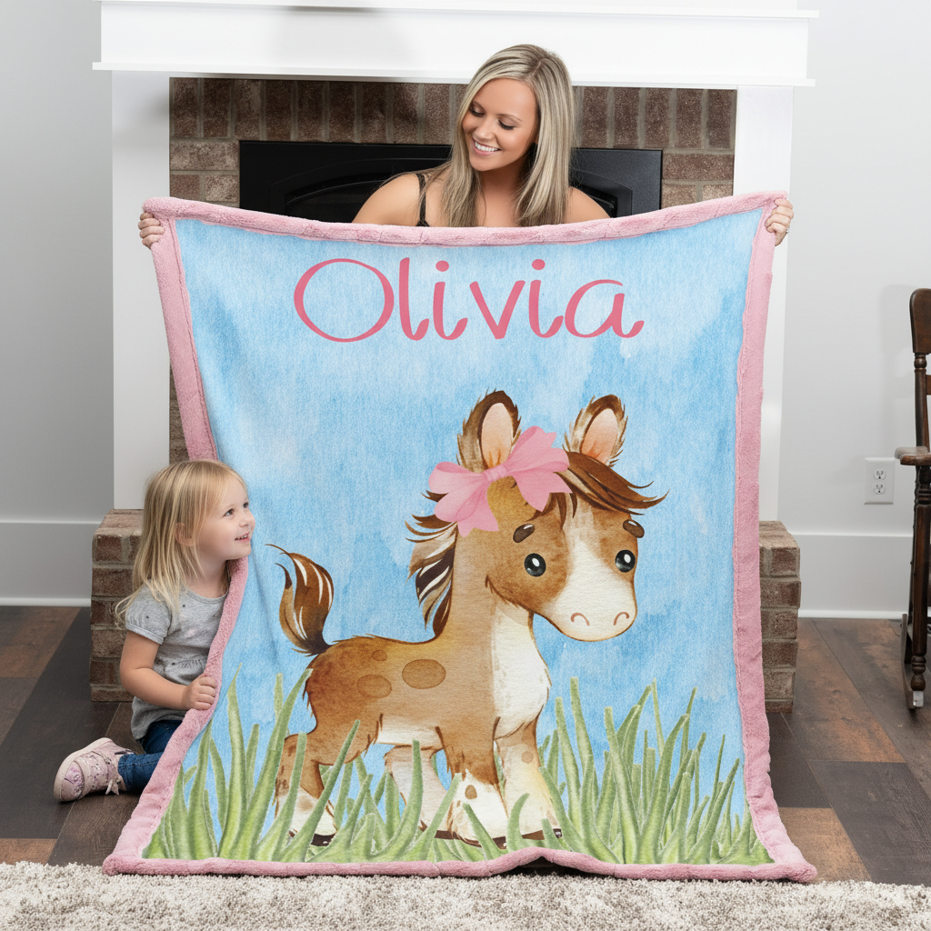 Woman and child holding a blanket with a horse design and the name 'Olivia' in a home setting.