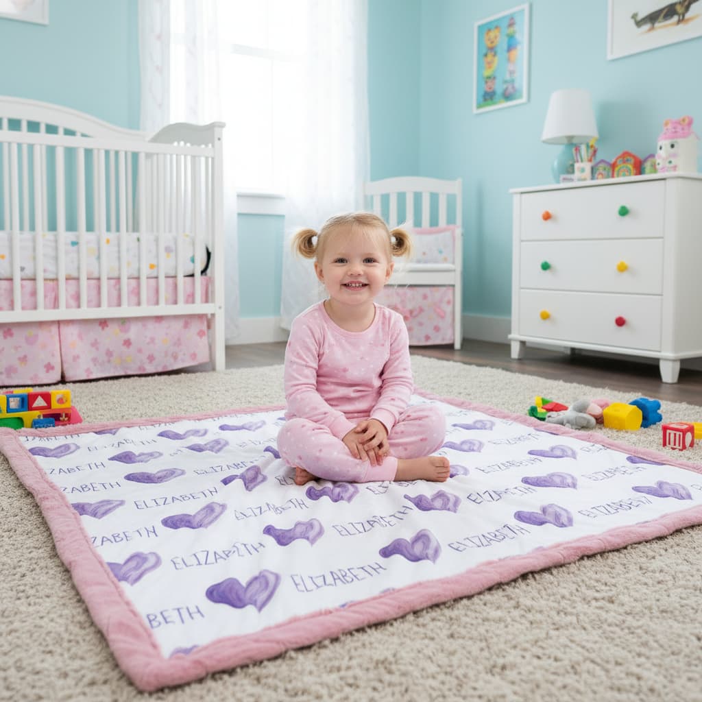 Child sitting on a personalized blanket in a nursery with a crib and dresser in the background.