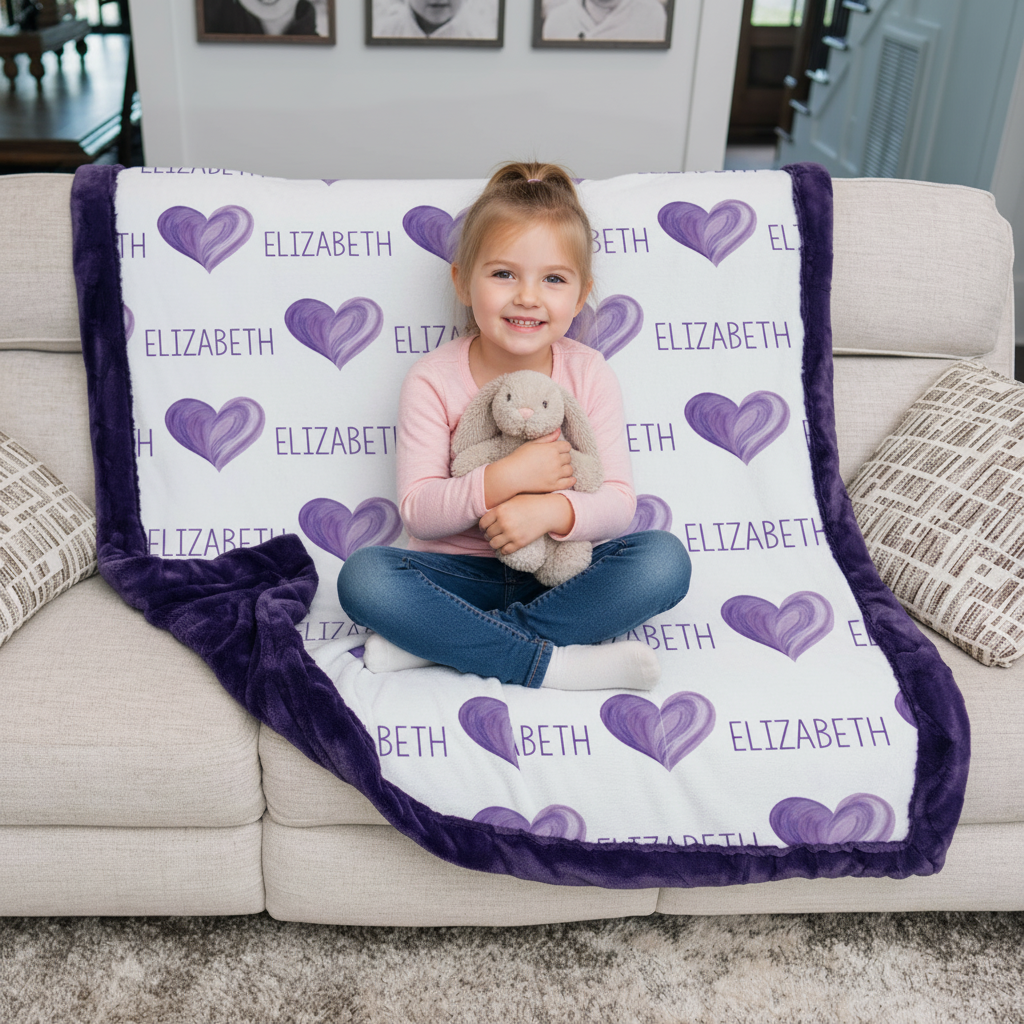 Child sitting on a couch with a personalized blanket featuring purple hearts and the name 'Elizabeth'.