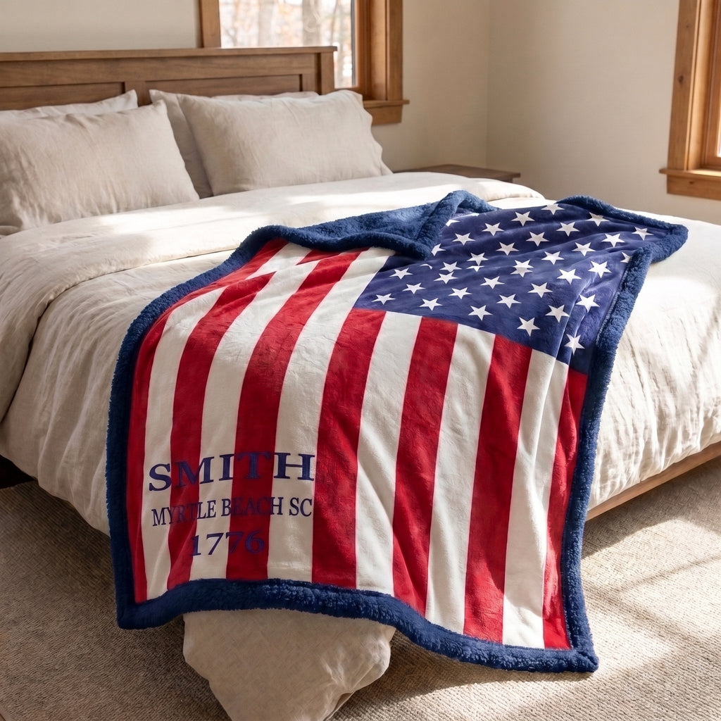 Personalized American flag blanket with navy sherpa trim laid across bed