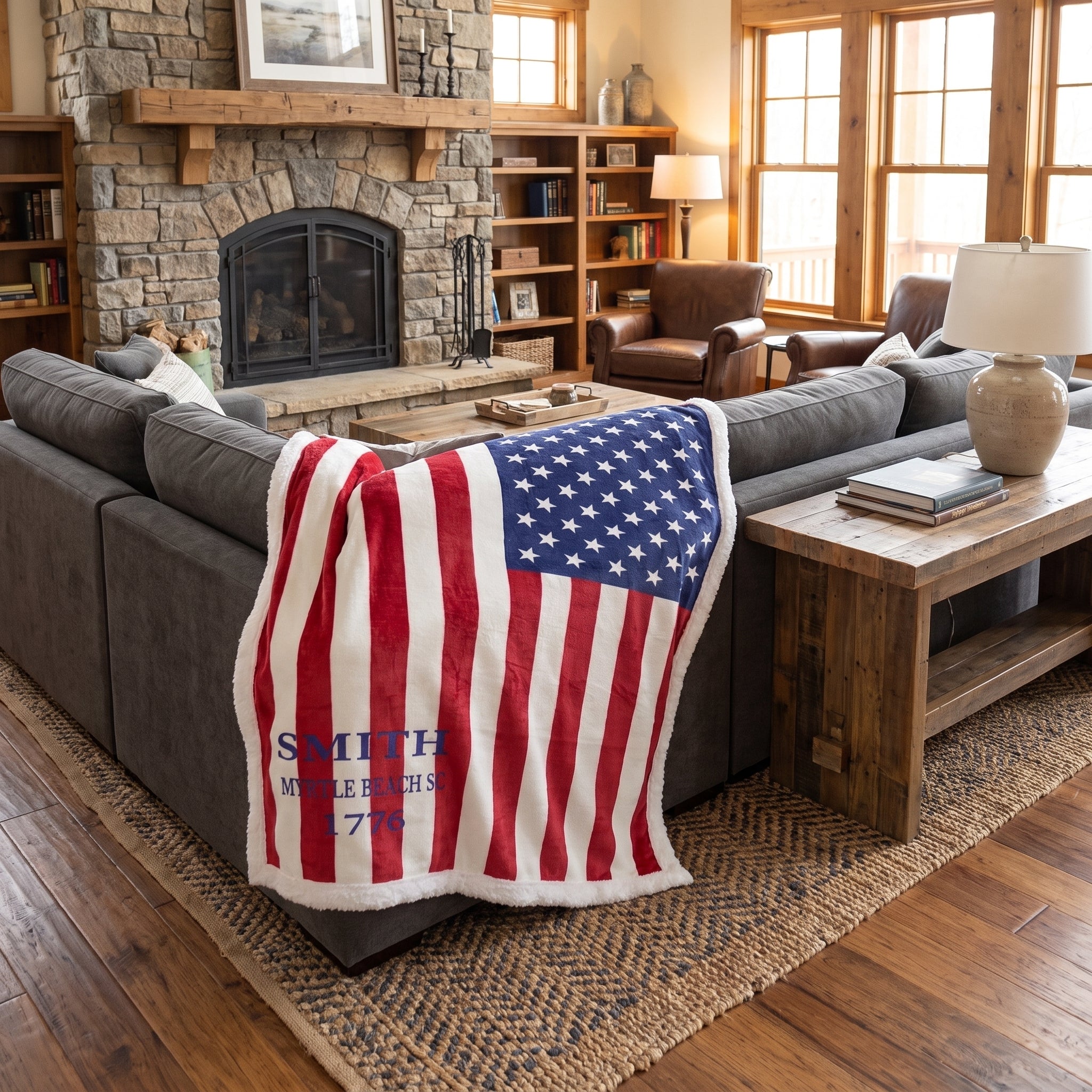 Personalized American flag minky blanket draped over gray sofa in rustic living room