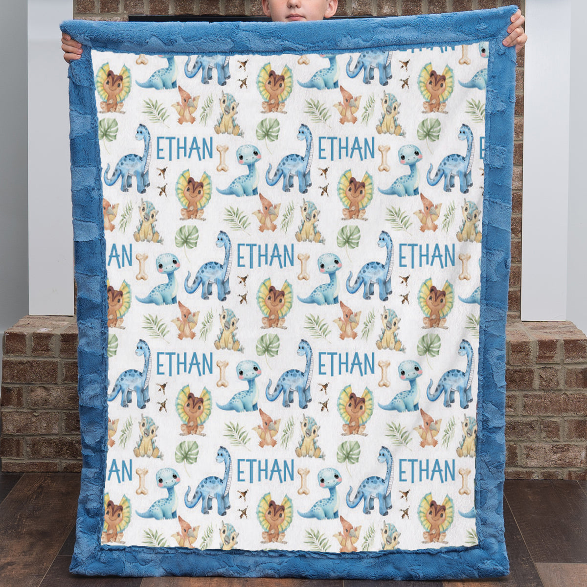boy holding a dinosaur blanket