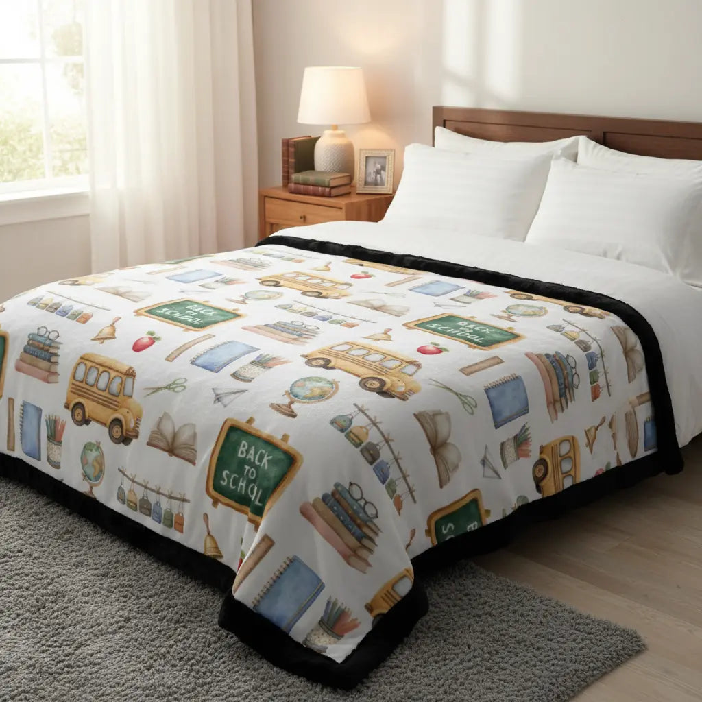 Bed with a 'Back to School' themed comforter in a bedroom setting.