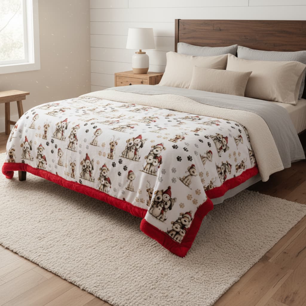 Bed with a decorative quilt featuring dog patterns in a bedroom setting.