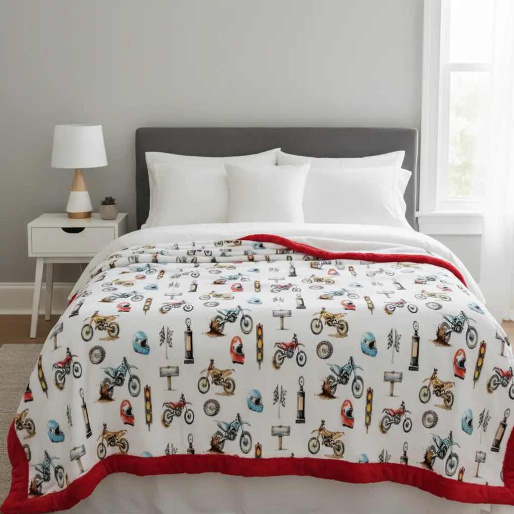 Bed with a motorcycle-themed comforter in a bedroom setting