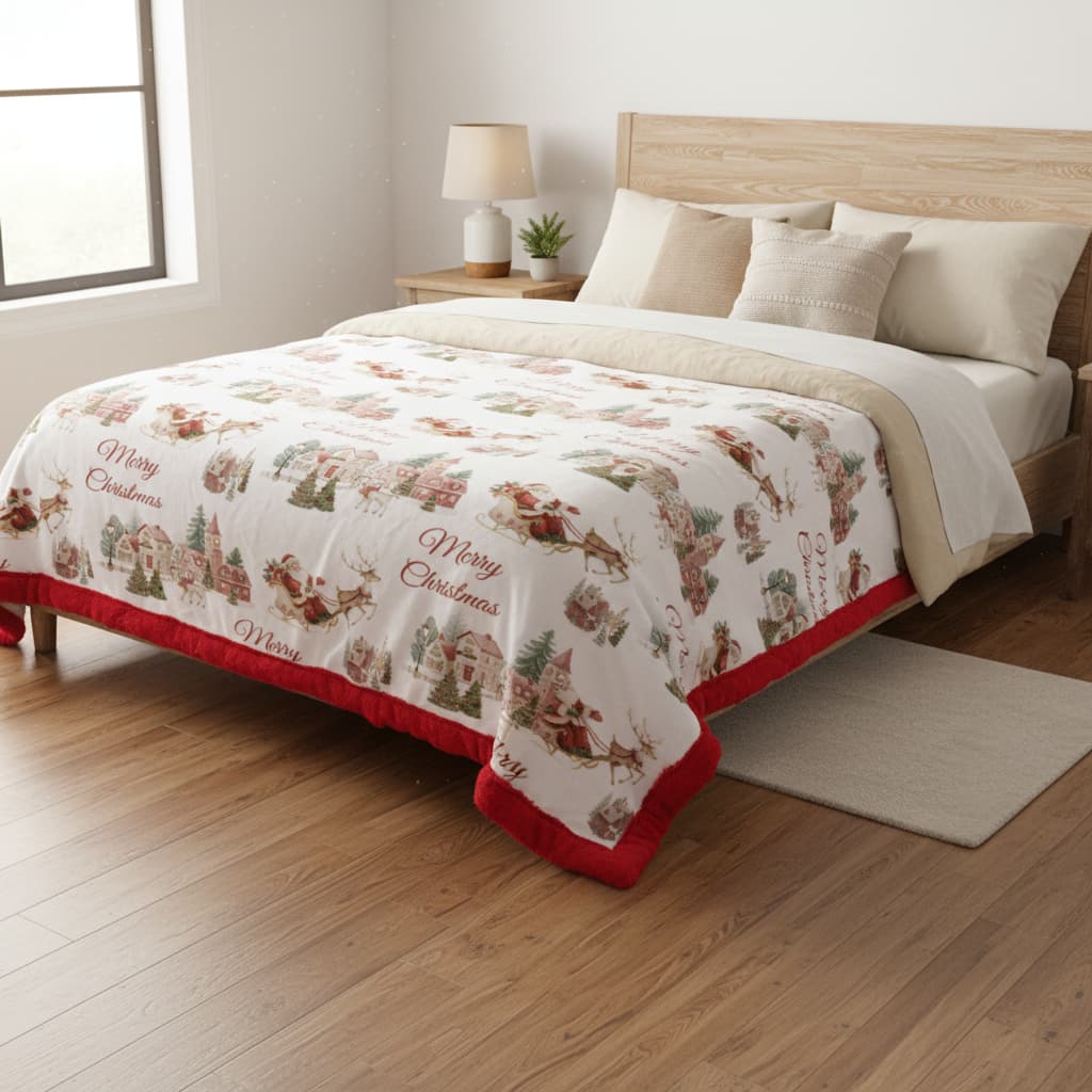 Bed with a festive Christmas-themed comforter in a well-lit bedroom.