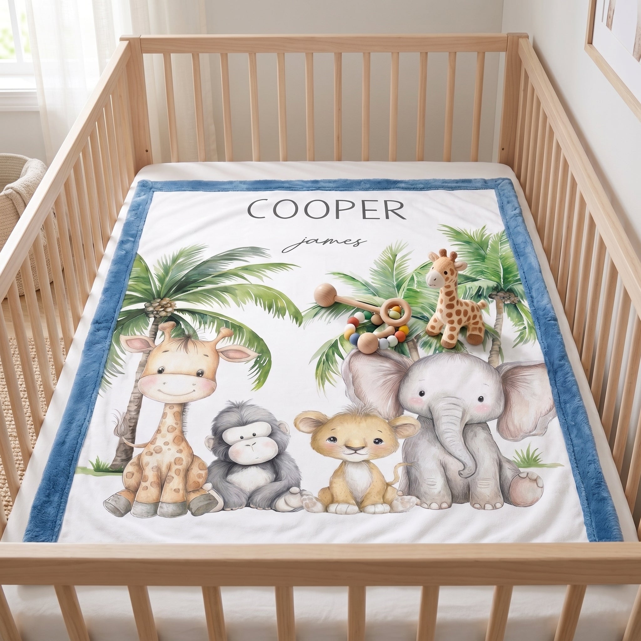 A personalized baby bedding set featuring a plush blanket with a colorful safari animal illustration and a matching blue and white fitted sheet, displayed inside a light wood crib.