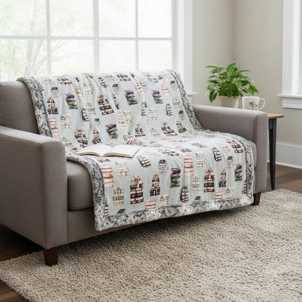 Book-themed minky blanket draped over gray sofa with open book