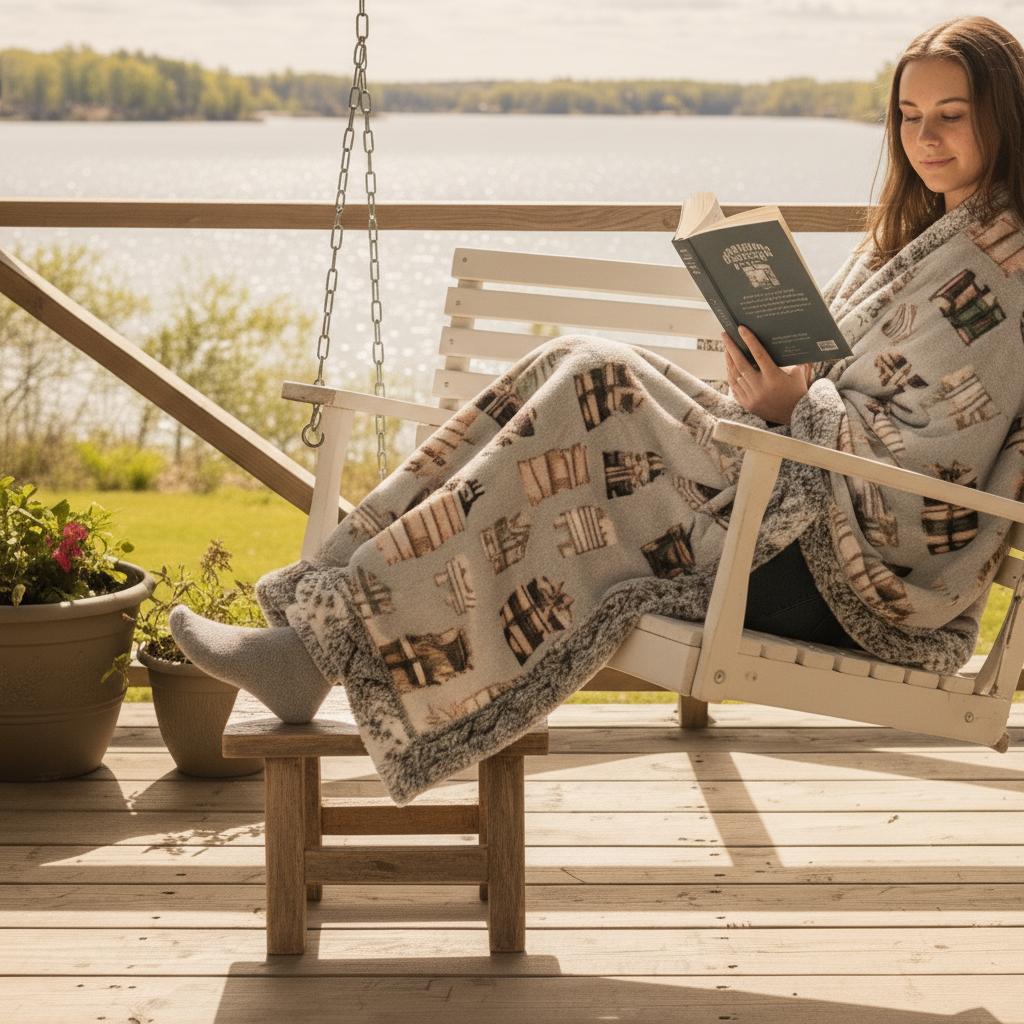 Woman wrapped in book-themed minky blanket reading on porch swing by lake