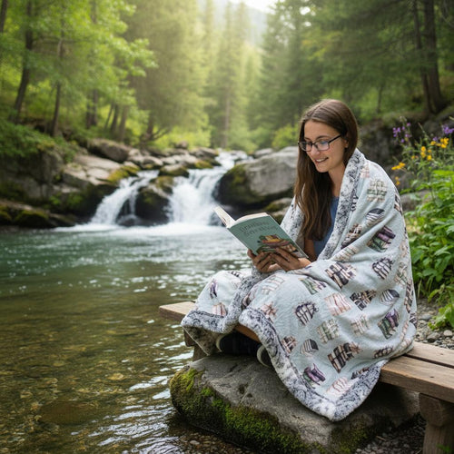 Woman wrapped in book-themed minky blanket reading by a forest stream