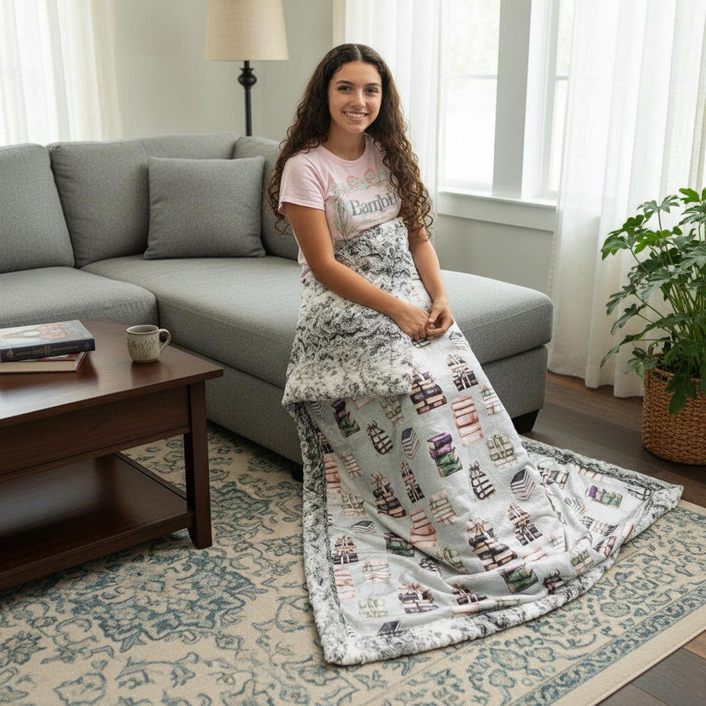 Woman sitting on gray sofa with folded book-themed minky blanket