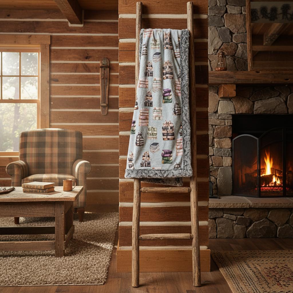 Book-themed minky blanket draped over wooden ladder in rustic cabin by fireplace