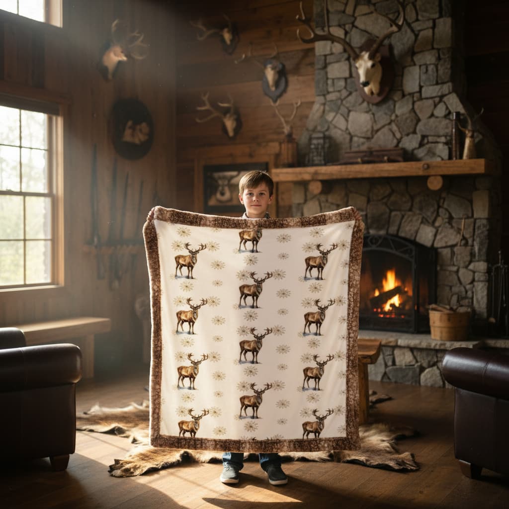 Child holding a blanket with deer pattern in a cozy room with a fireplace and hunting trophies.
