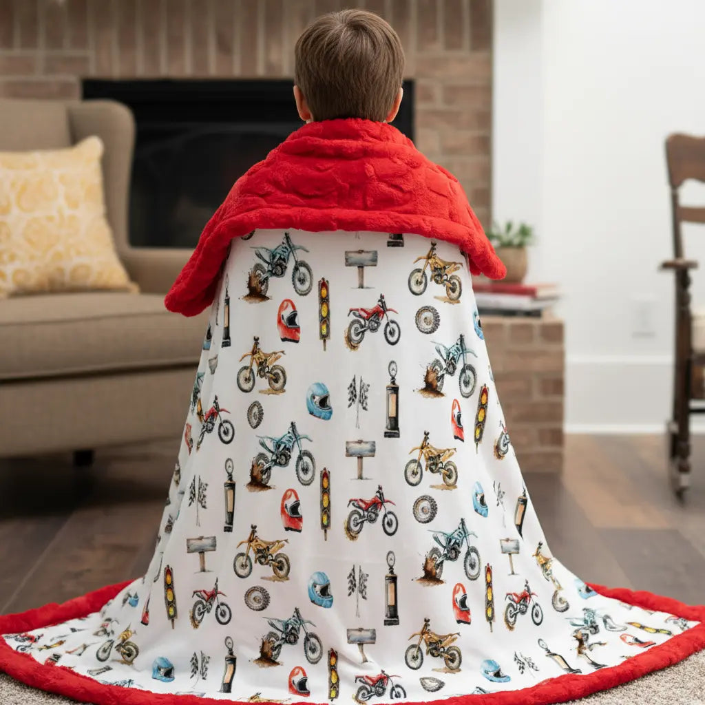 Child wrapped in a blanket with motorcycle pattern in a living room.