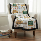Blanket with 'Back to School' design draped over a chair in a room with books and curtains.