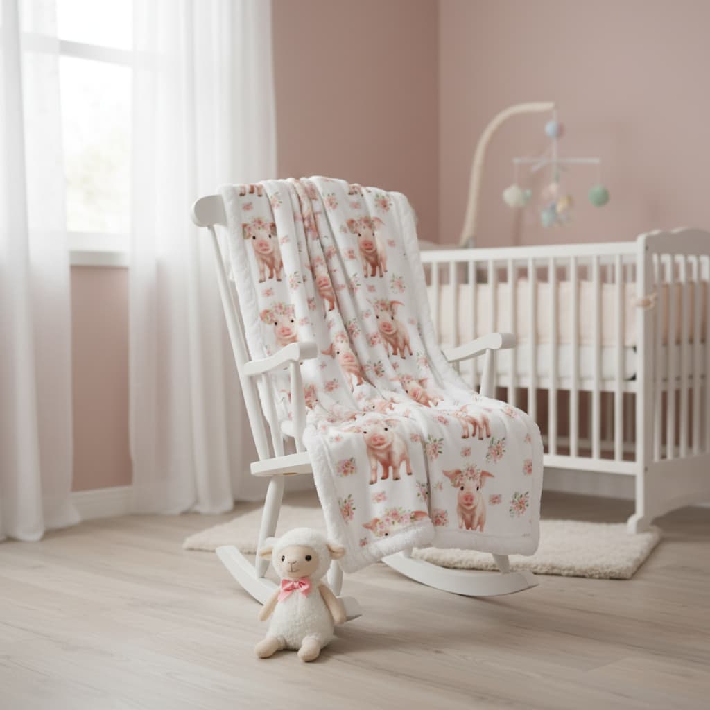 Nursery room with rocking chair, crib, and baby blanket