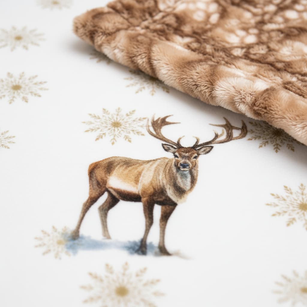 Fur fabric with a deer illustration on a snowflake patterned background