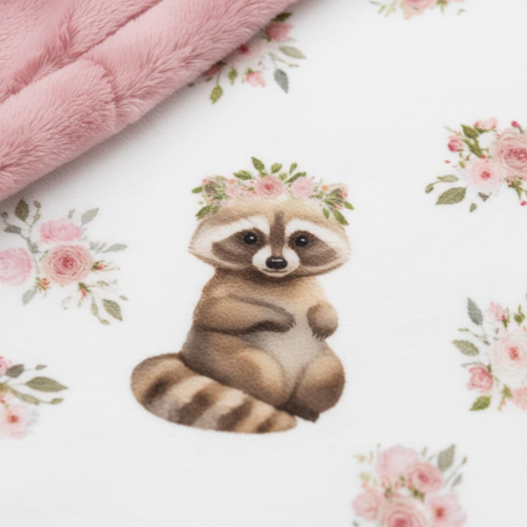 Floral-patterned fabric with a raccoon illustration wearing a flower crown.