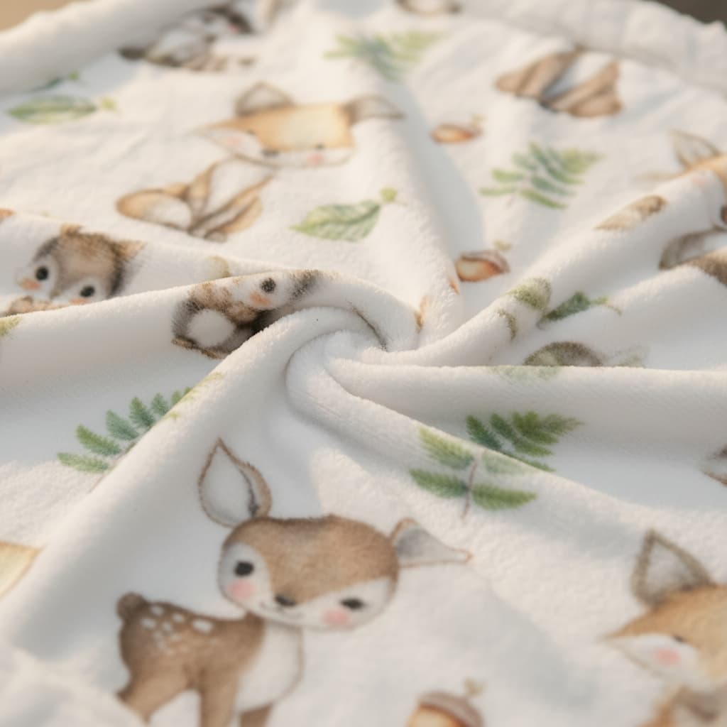 Fabric with cute animal prints including deer and rabbits on a white background
