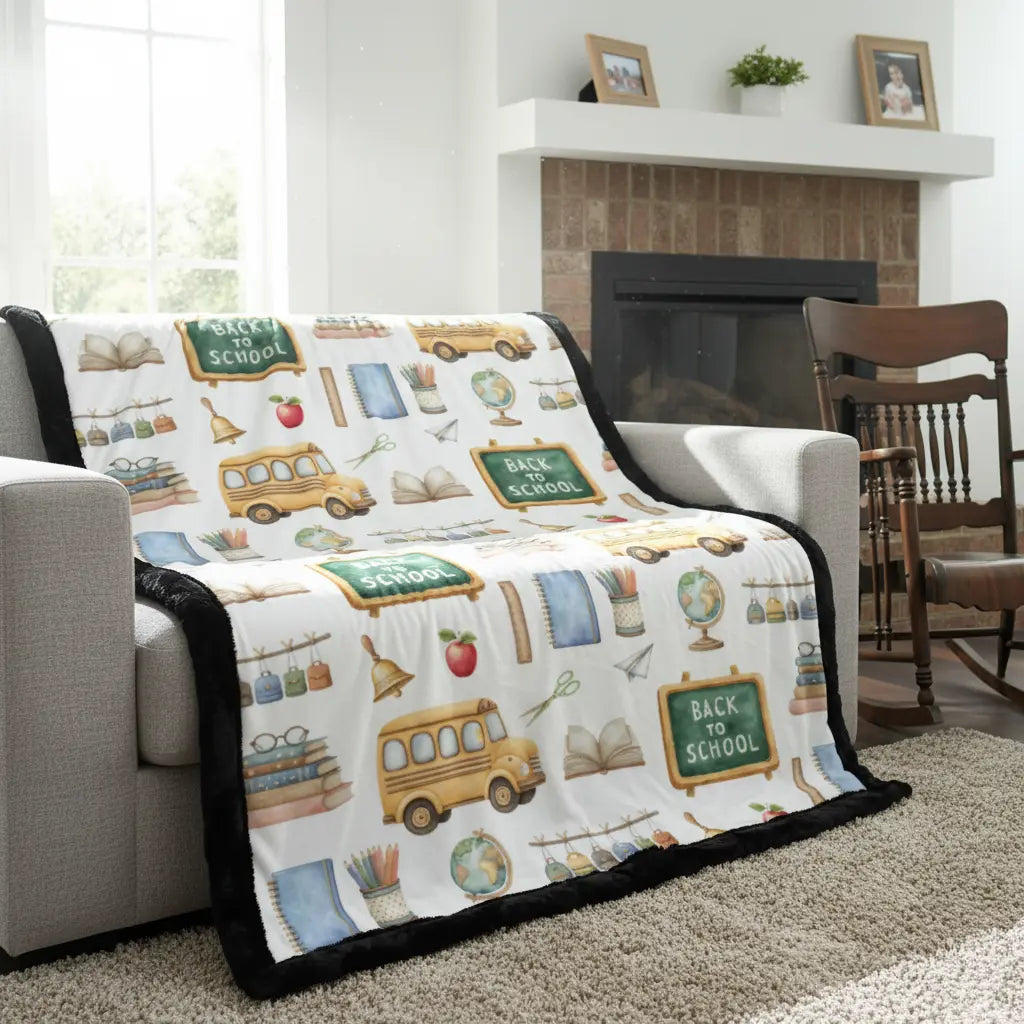 Blanket with 'Back to School' pattern draped over a chair in a living room.