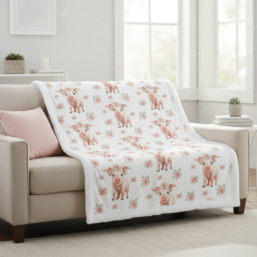 Floral and pig patterned blanket draped over a sofa in a bright living room.