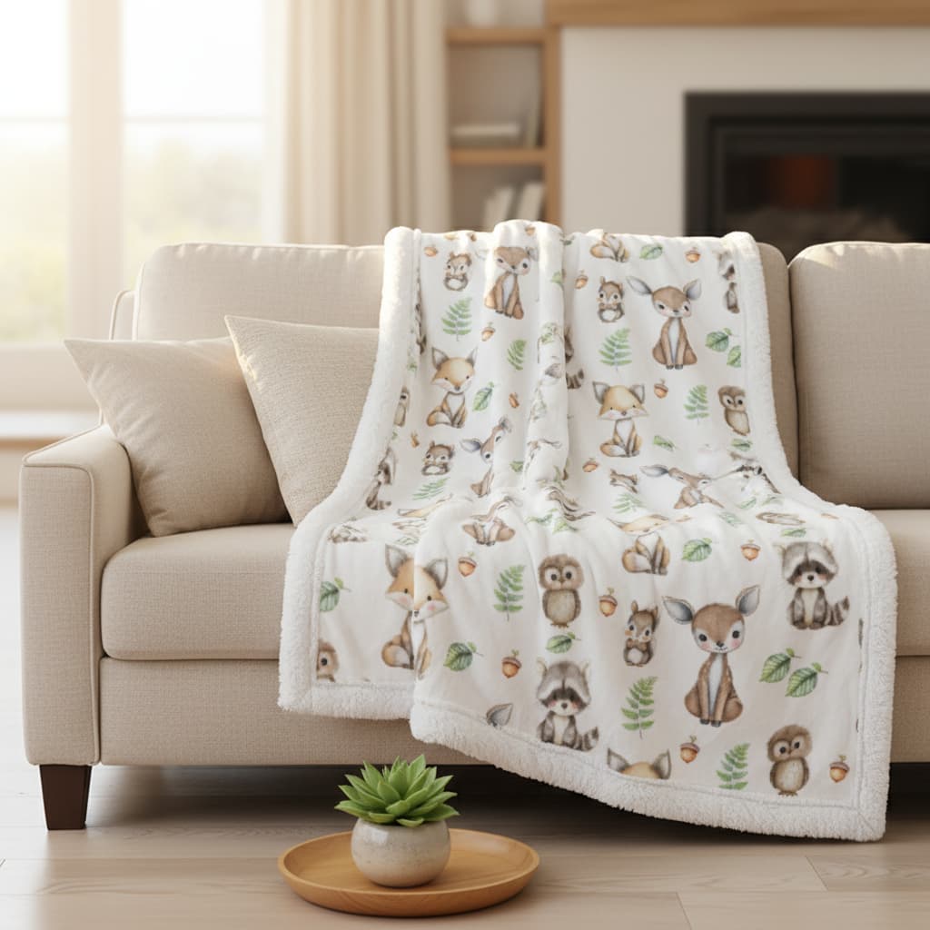 Animal-patterned blanket draped over a beige sofa in a living room.