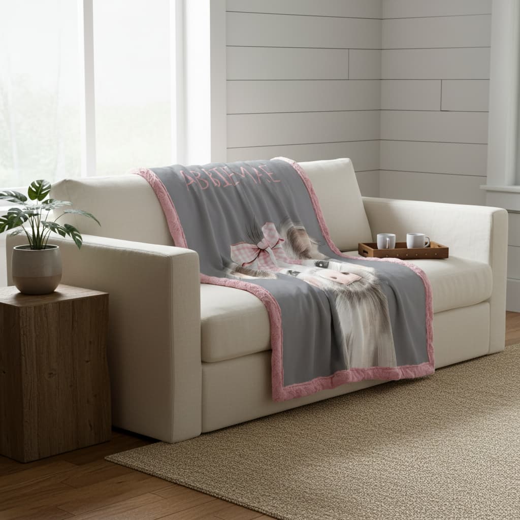 White sofa with a gray and pink blanket draped over it in a living room setting.
