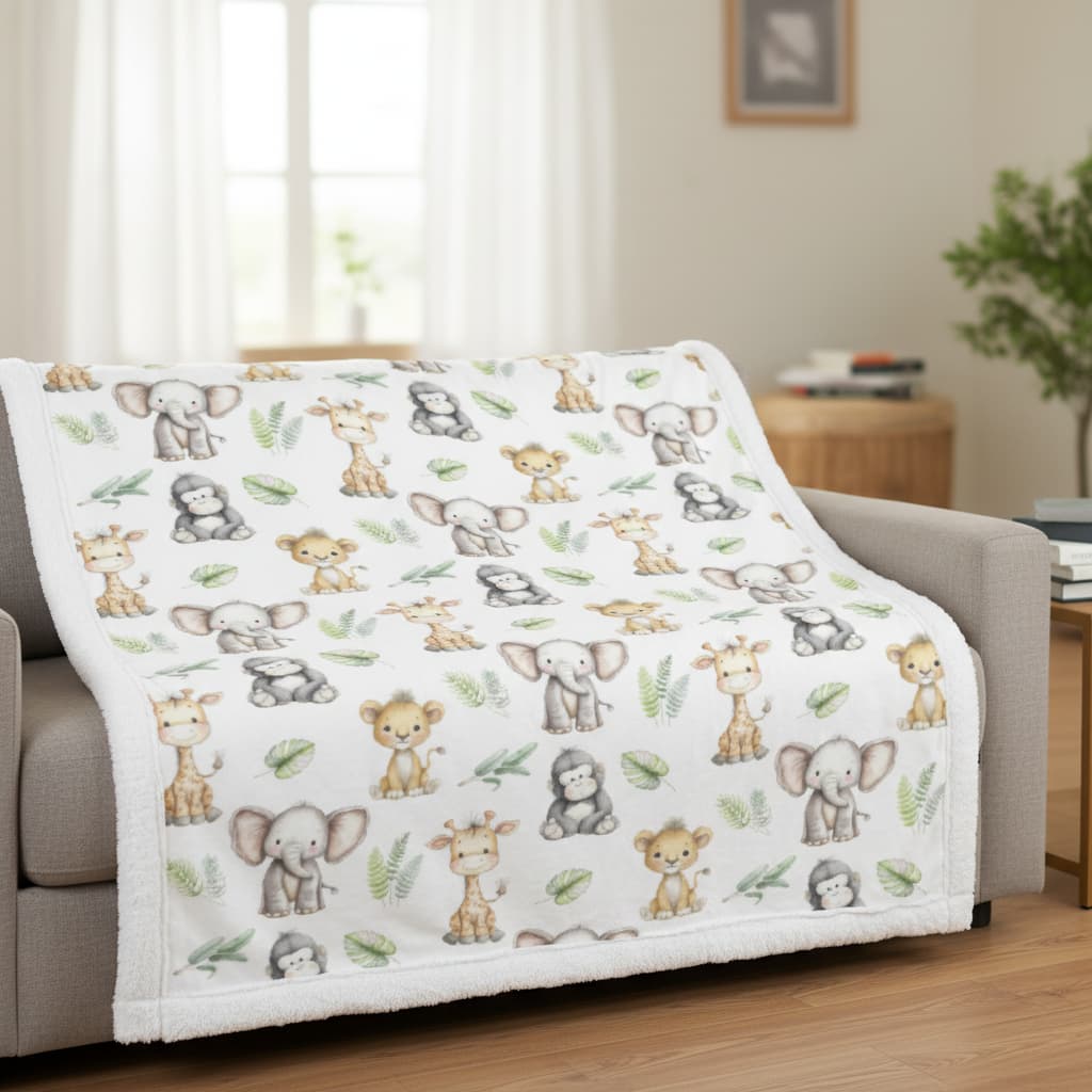 Baby blanket with animal pattern draped over a couch in a living room.