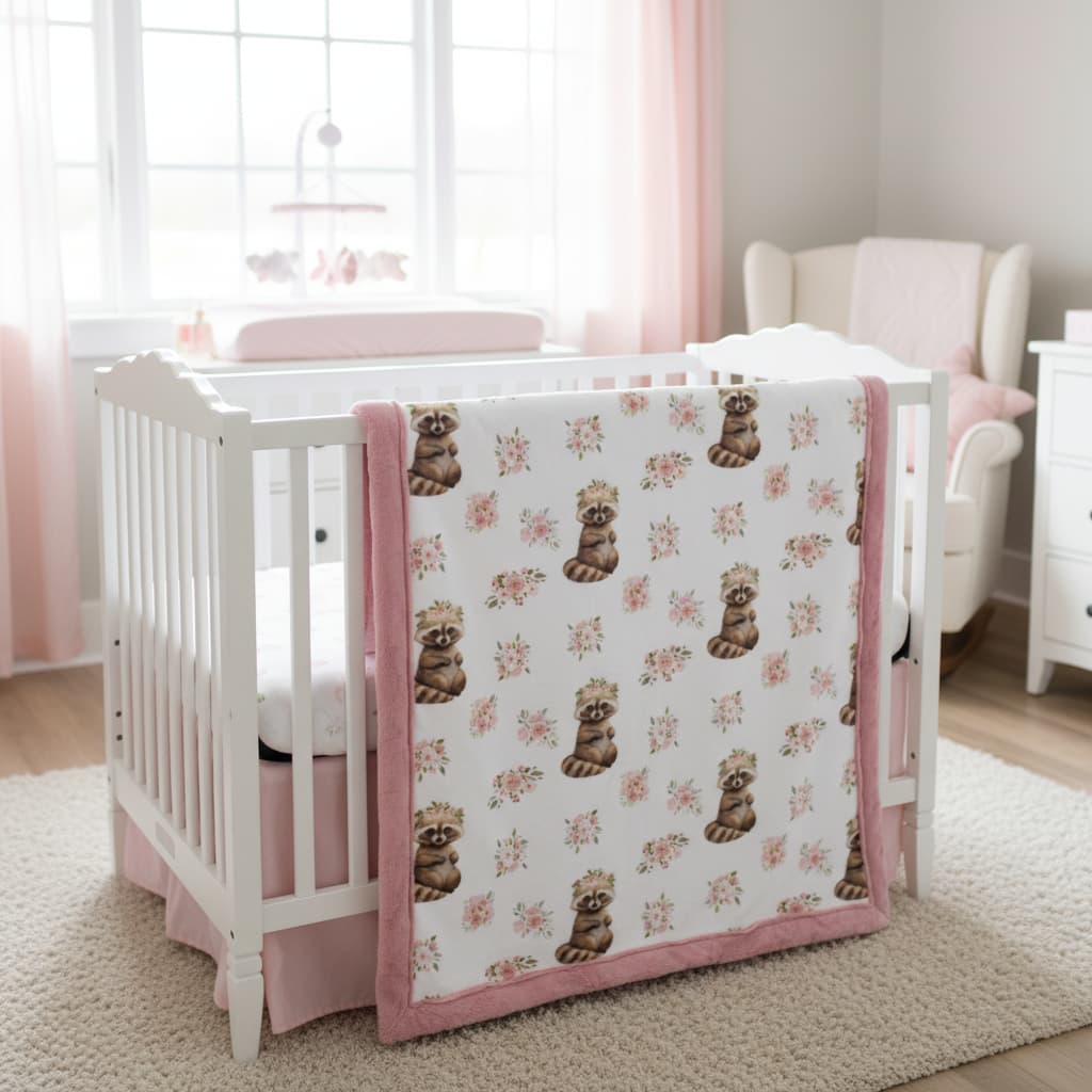 Crib with a floral and bear-patterned blanket in a nursery setting.