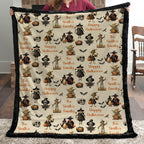 Custom name Halloween throw blanket held up, vintage witches and skeleton print, black sherpa back