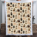 Custom name Halloween throw blanket held up, vintage witches and skeleton print, white sherpa back