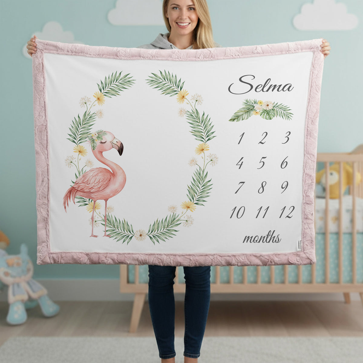Flamingo Milestone Personalized Baby Blanket – Monthly Photo Tracker