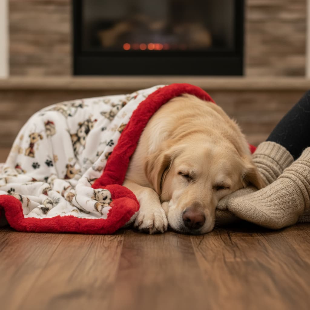 Dog wrapped in a blanket with a red border, lying on a wooden floor next to a person's feet.