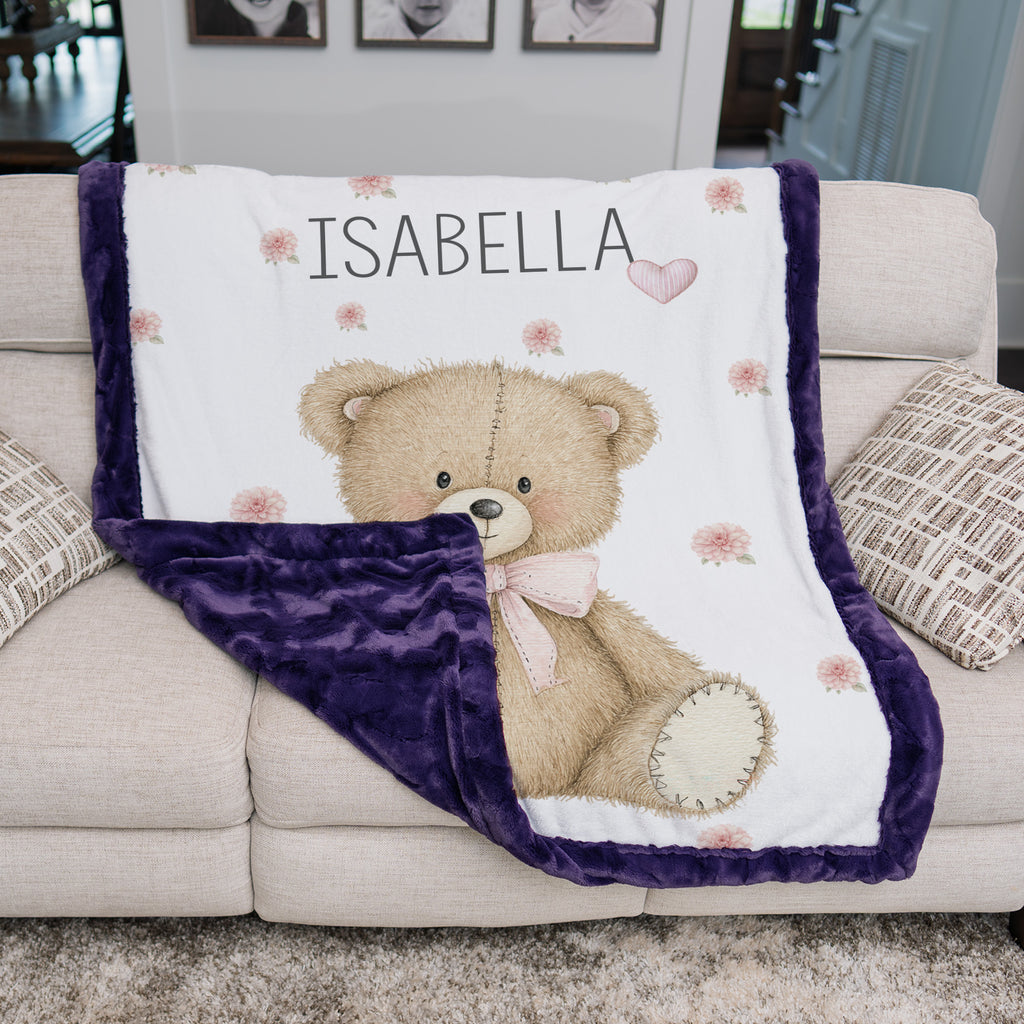 Teddy Bear Personalized Baby Blanket – Pink Minky