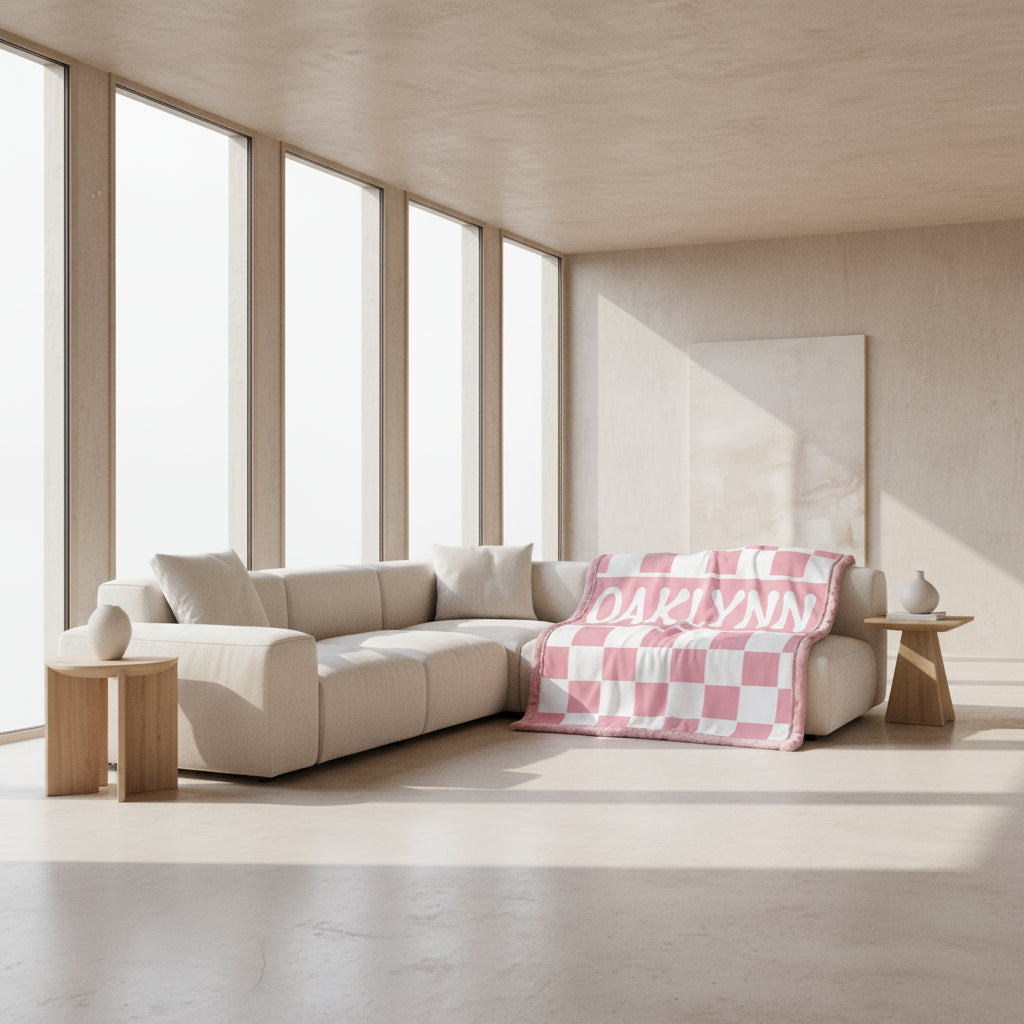 Modern living room with a beige sectional sofa and a pink checkered blanket with 'OAKLYNN' Name.