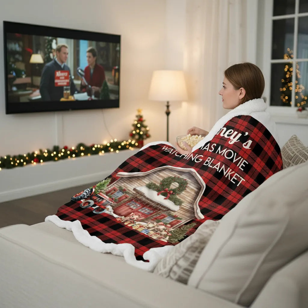 Personalized Red Buffalo Plaid Christmas Movie Blanket