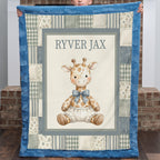 A personalized baby quilt held up by a child, featuring a central illustration of a sitting giraffe wearing a blue bow tie, surrounded by a patchwork border and a blue plush border. The center reads 'RYVER JAX'.