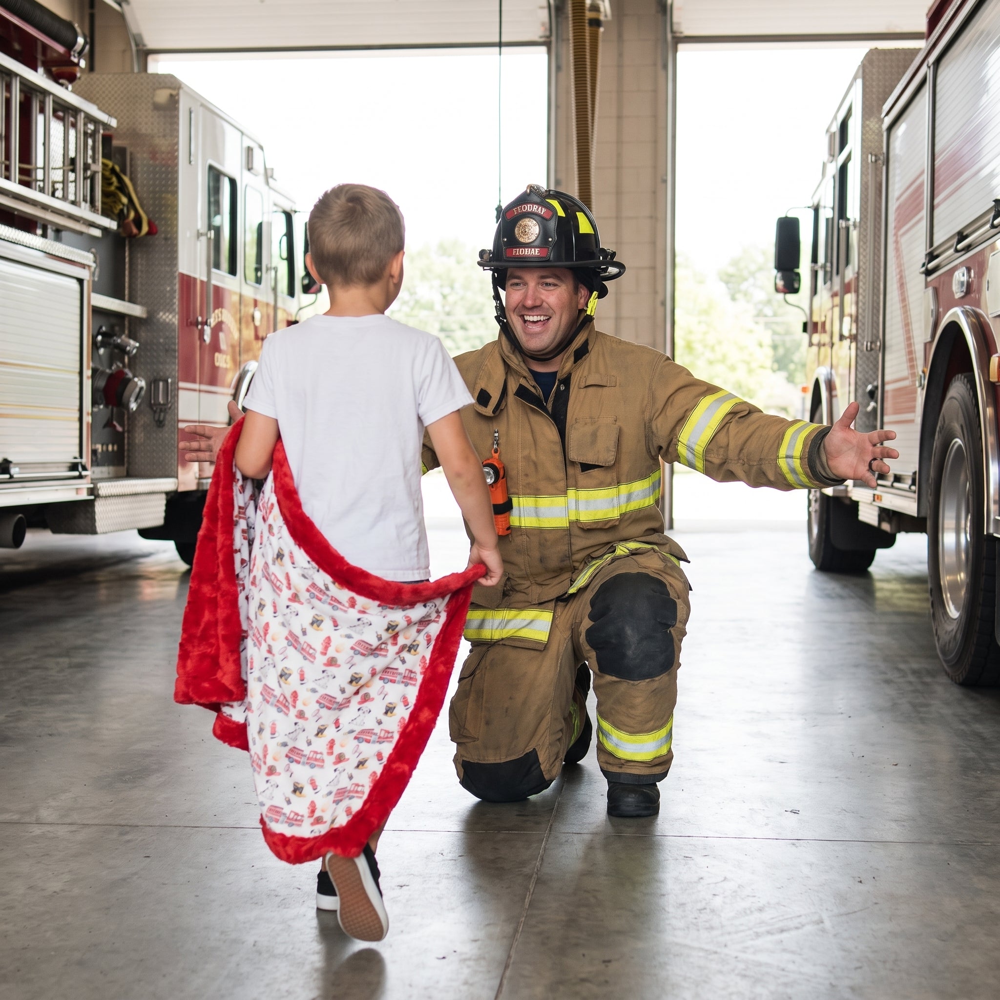 Boy running to firefighter dad in fire station holding Luxe Cuddle blanket, fire trucks in background