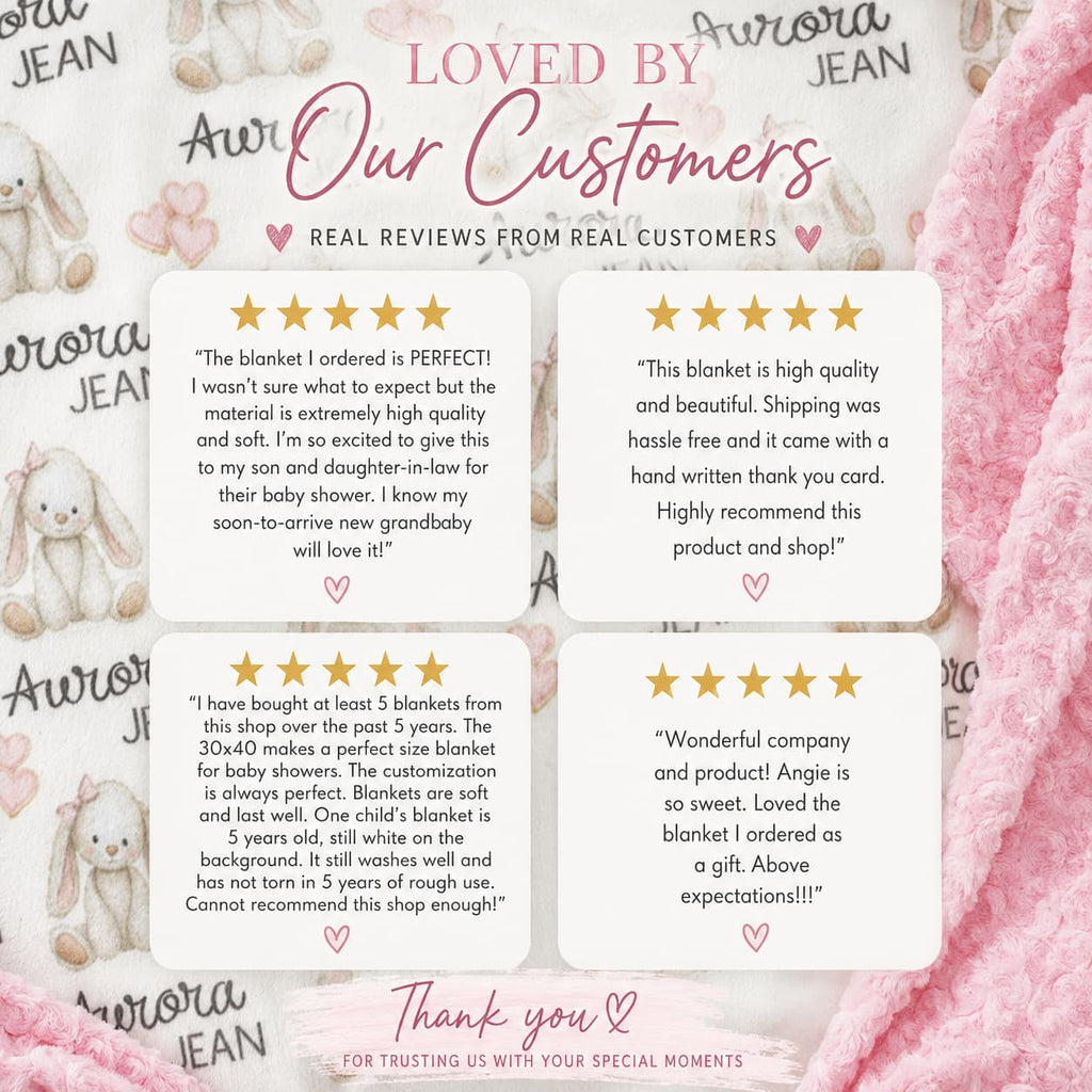 Five-star customer reviews graphic over a personalized pink minky blanket background