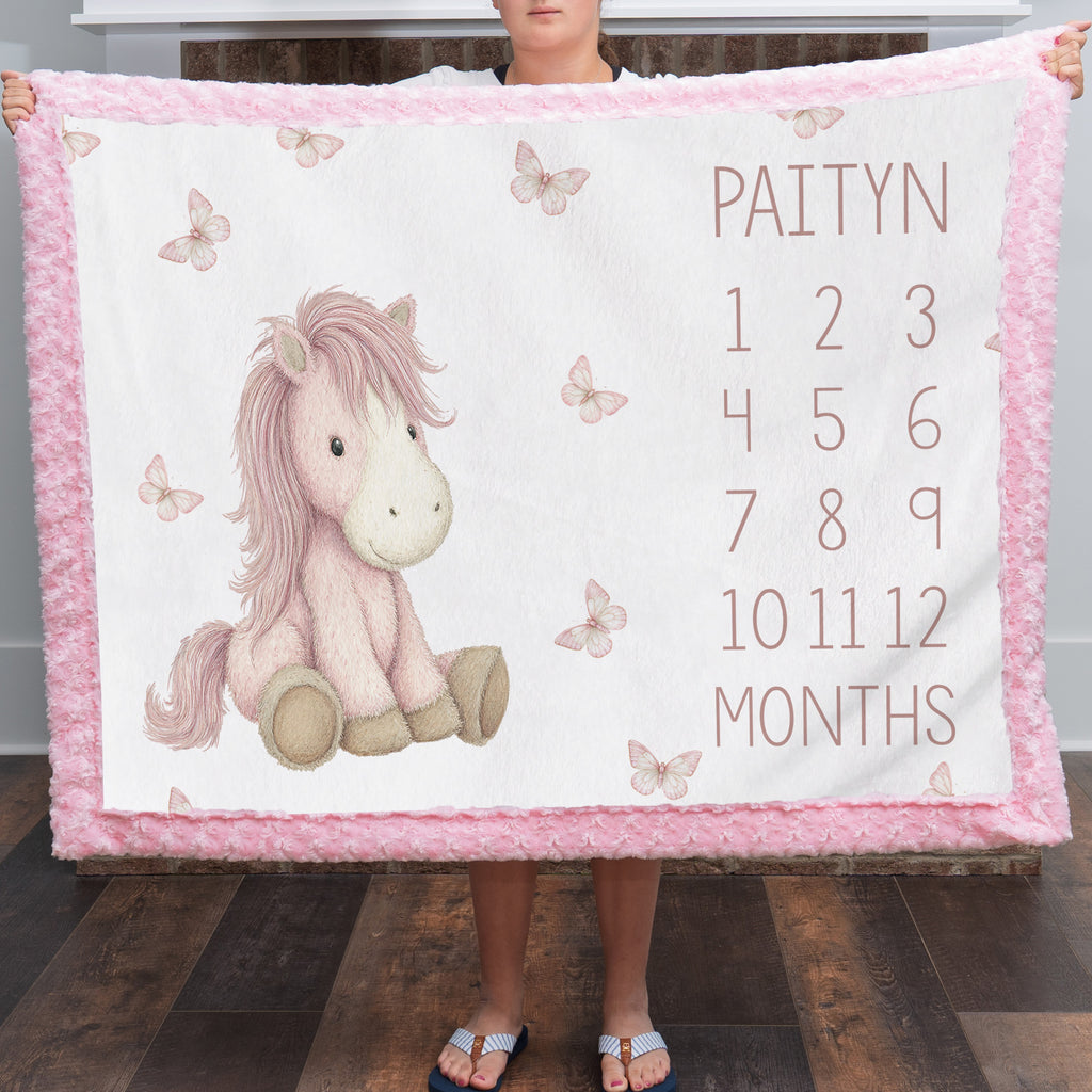Personalized Pony Milestone Blanket – Monthly Photo Keepsake