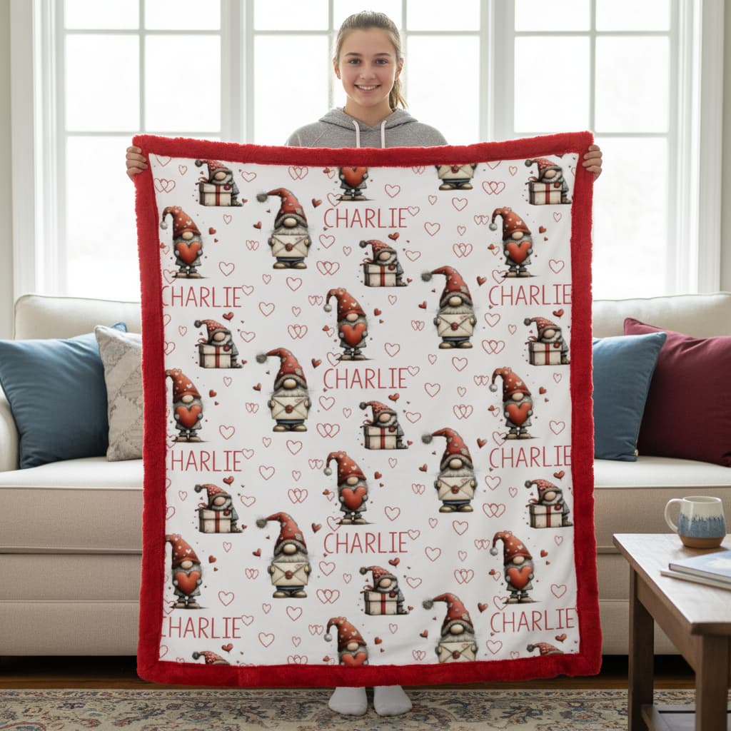 Person holding a blanket with gnome pattern and 'Charlie' text in a living room.