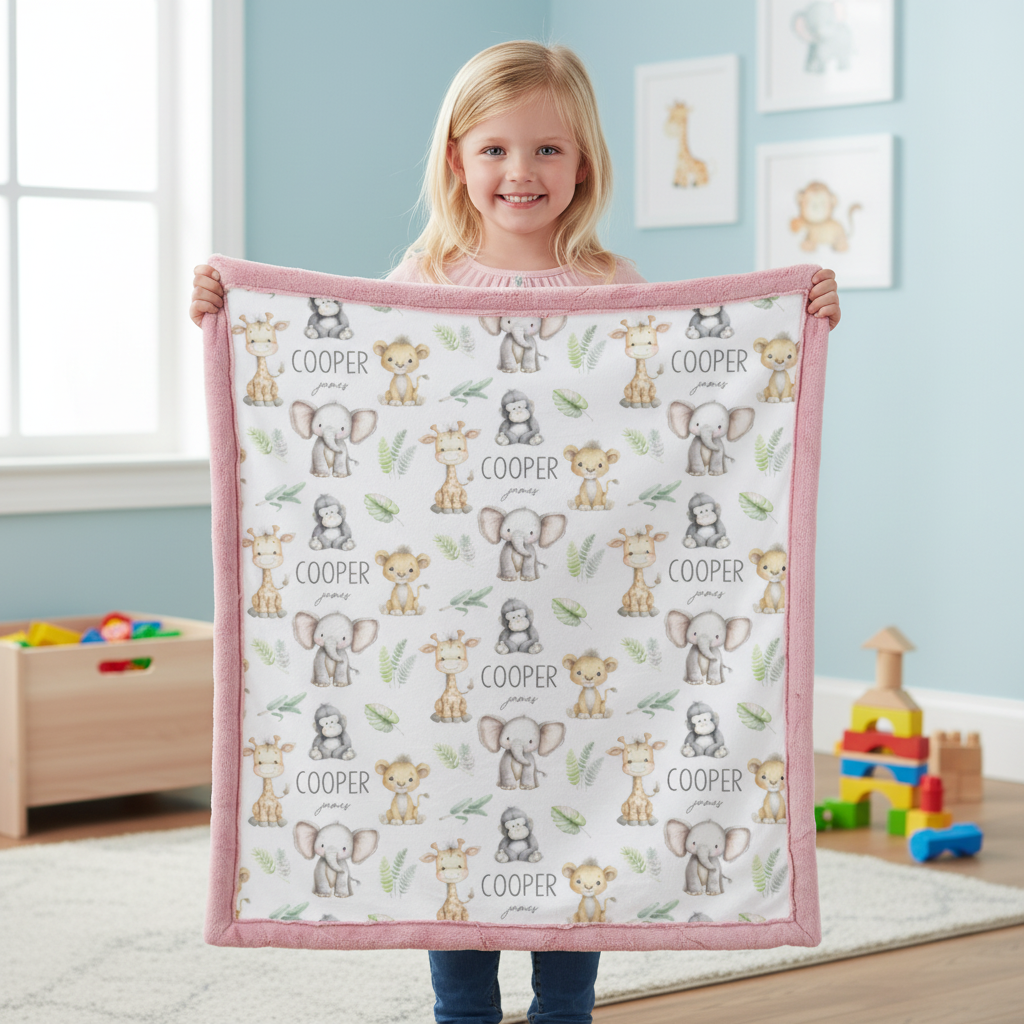 A young girl stands in a bright children's room holding up a square baby blanket. The blanket has a pink border and a white center printed with cute cartoon animals including elephants, giraffes, and monkeys, along with the name 'COOPER' repeated.