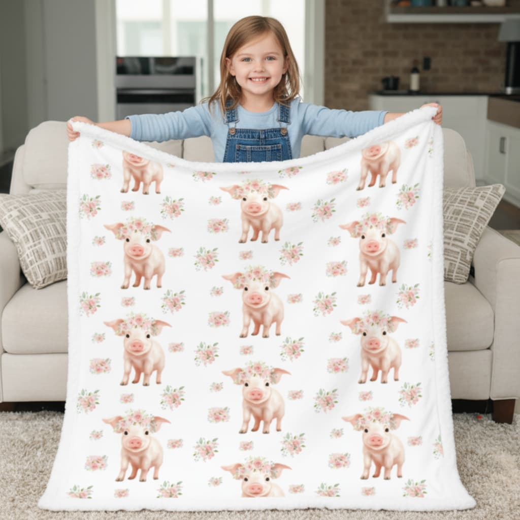 Child holding a blanket with pig pattern in a living room