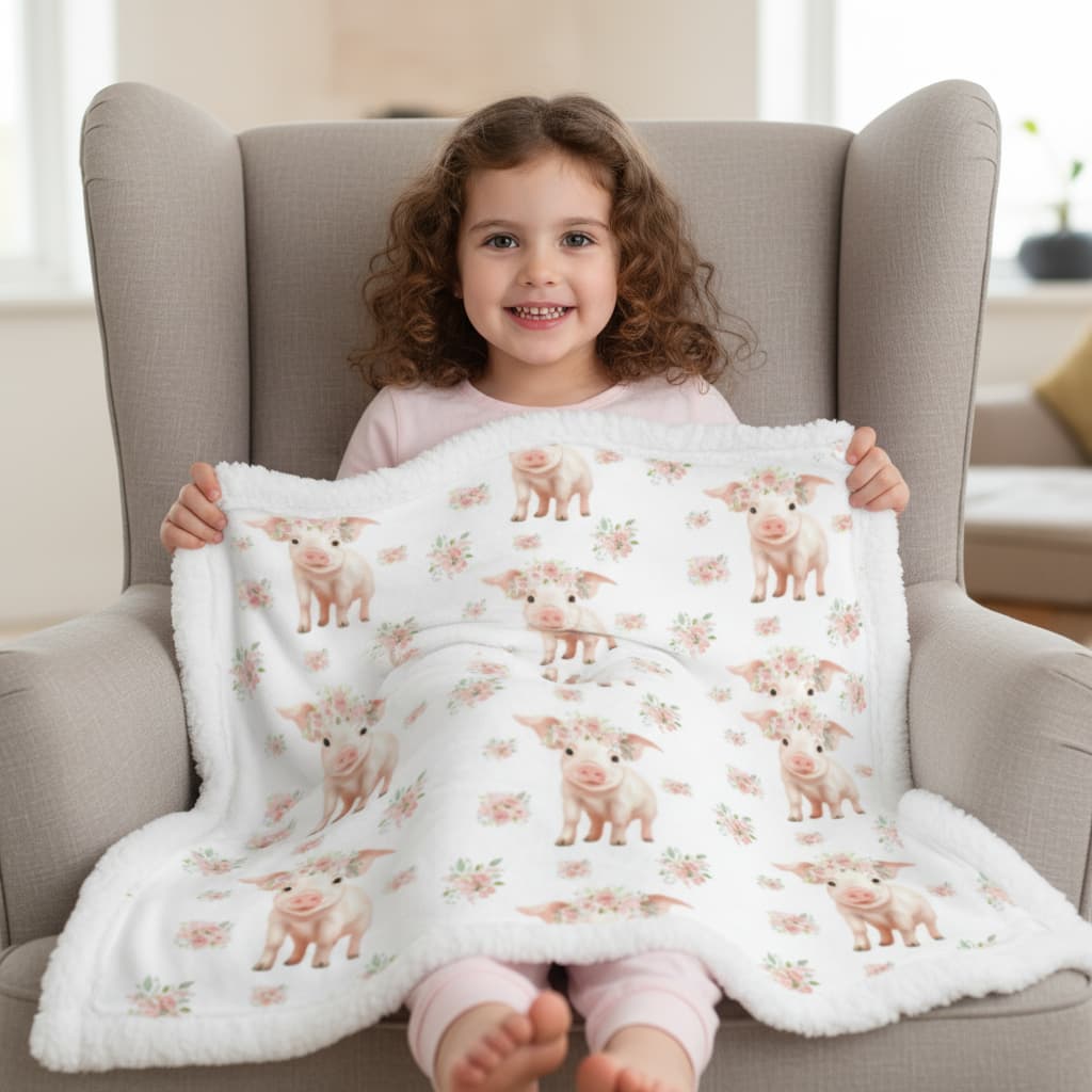 Child holding a white blanket with pink pig patterns on a beige armchair.